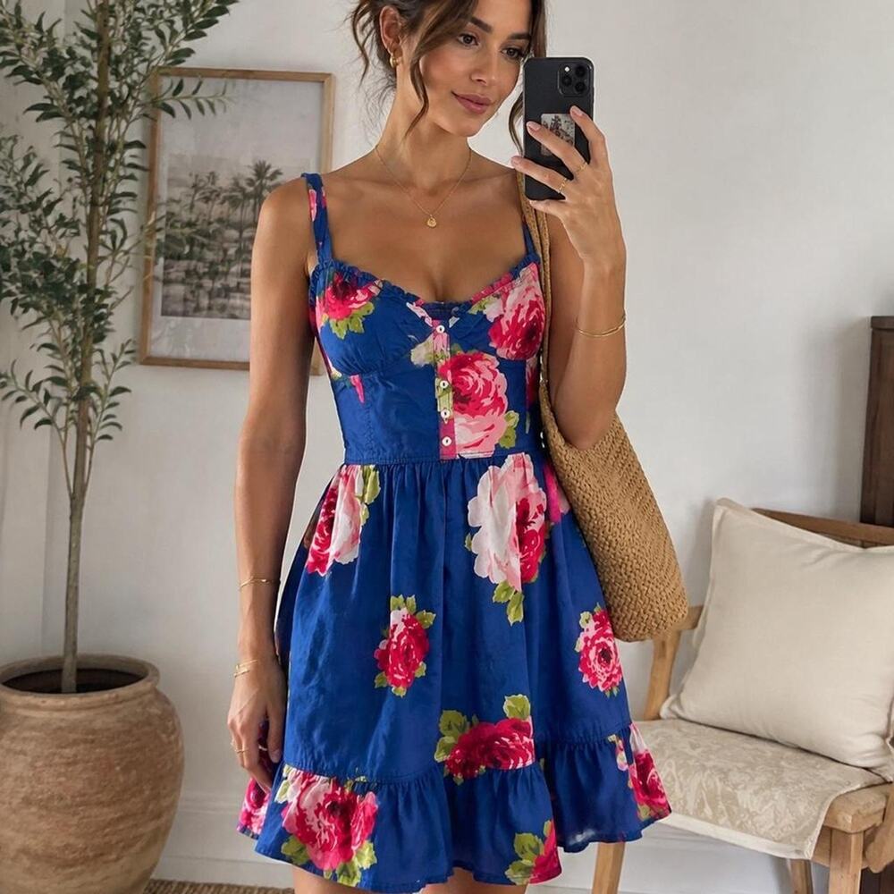 Abercrombie & Fitch Blue Pink Rose Floral Mini Sundress Smocked Y2K S
